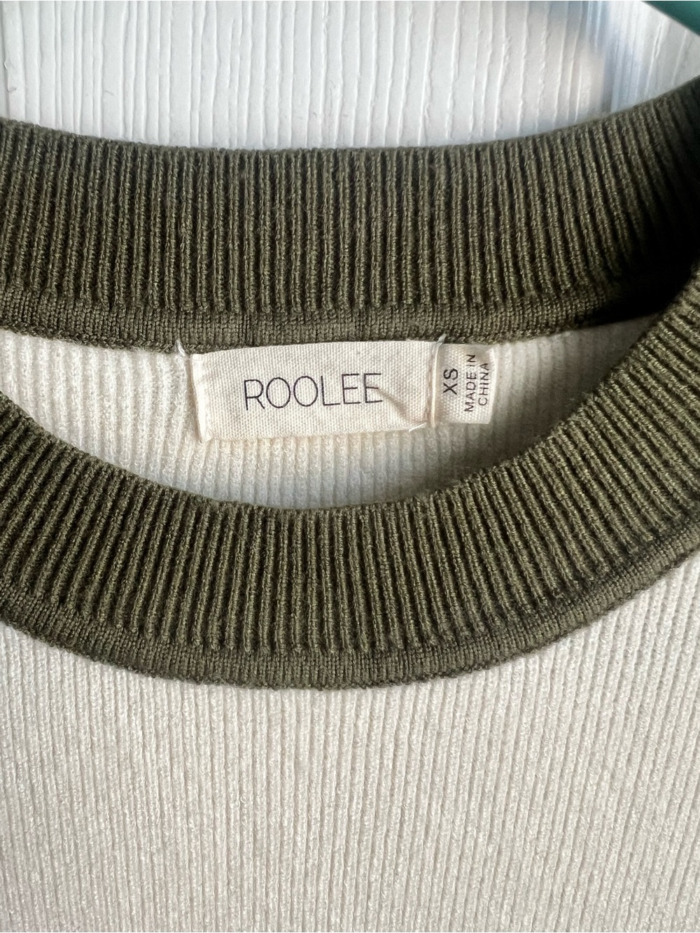 Roolee Cream Ribbed Top with Olive Trim - Picture 2 of 5